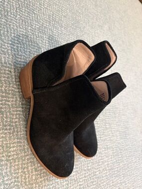 bp Black Suede Ankle Booties with Low Wood-Tone Heel